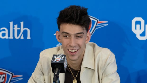 Oklahoma City Thunder forward Chet Holmgren speaks to the media.